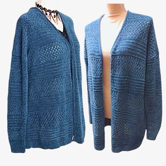 Lane Bryant Teal Metallic Long Sleeve Open Knit Cardigan Plussize 14/ 16 - Picture 1 of 16